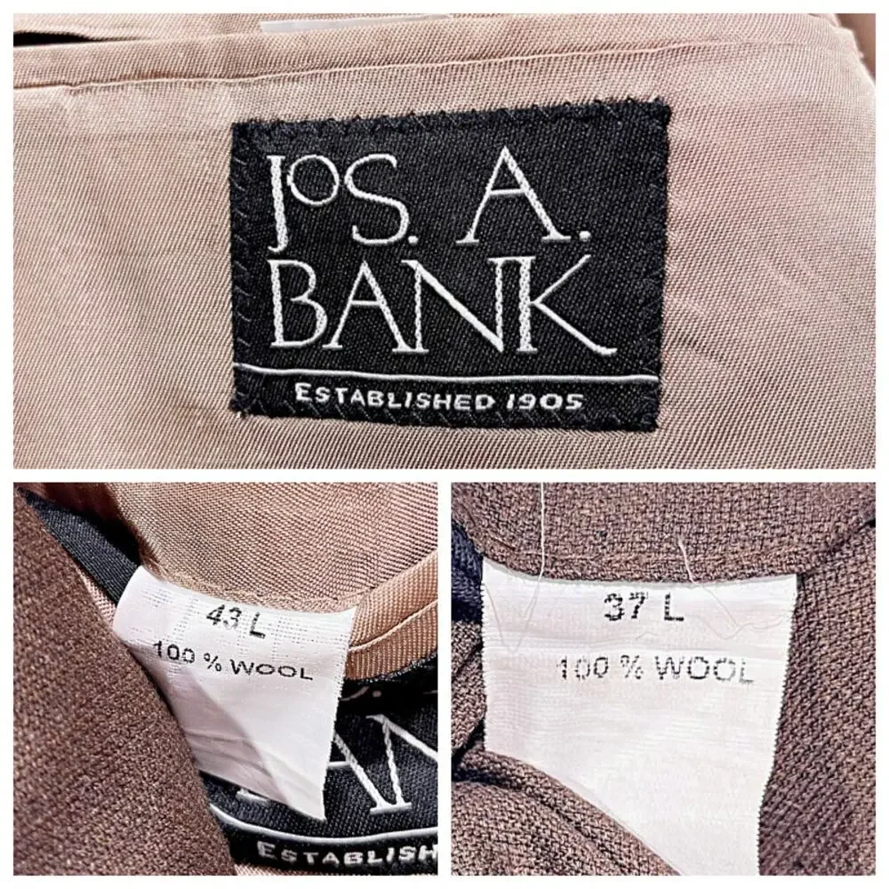 Jos A Bank Wool 2 Piece Suit Brown 2 Button Mens 43L Jacket 37L Pleated Pants